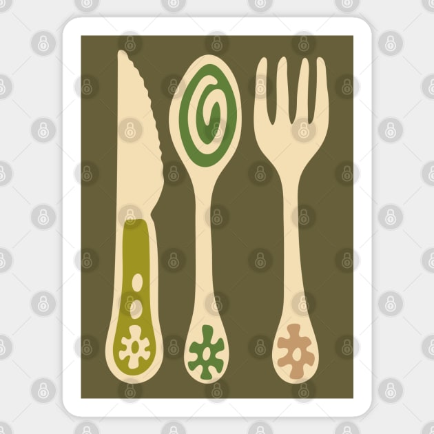 CUTLERY Retro Vintage Kitchen Utensils Knife Spoon Fork in Olive Brown and Green - UnBlink Studio by Jackie Tahara Sticker by UnBlink Studio by Jackie Tahara